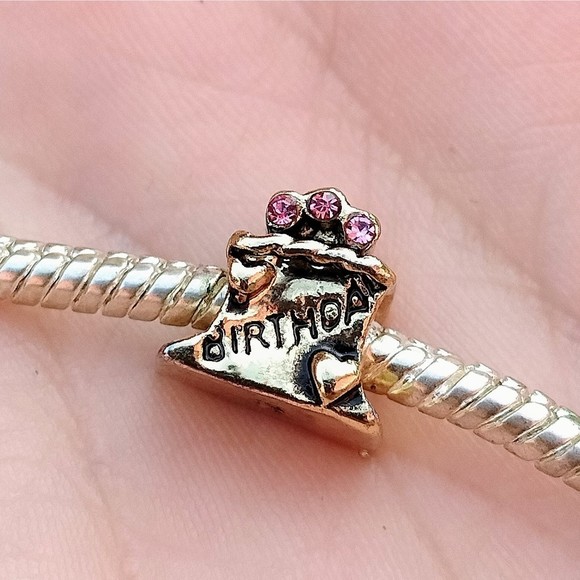 925 Birthday Pink Rhinestone Present Gold Bead Charm - Picture 2 of 5